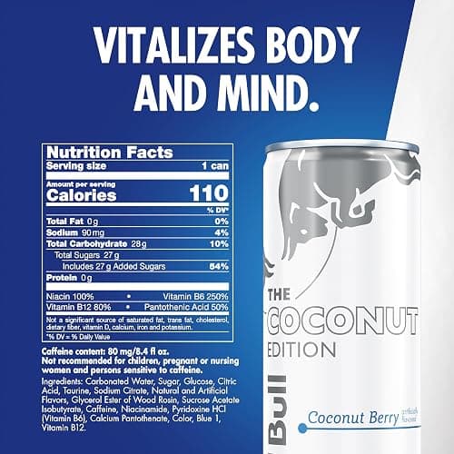 Red Bull Coconut Edition Energy Drink, Coconut Berry, with 80mg Caffeine plus Taurine & B Vitamins, 8.4 Fl Oz, 6 Packs of 4 Cans (Pack of 24) thumbnail 2