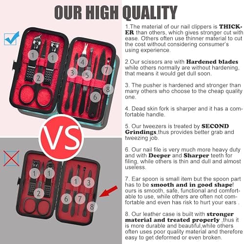 HANTEKAS Manicure Set 9 in 1 Stainless Steel, Nail Clippers Scissors Pedicure Tools Kit - Portable Travel Grooming Kit for Men and Women with Black/Red Leather Case (Red) thumbnail 3