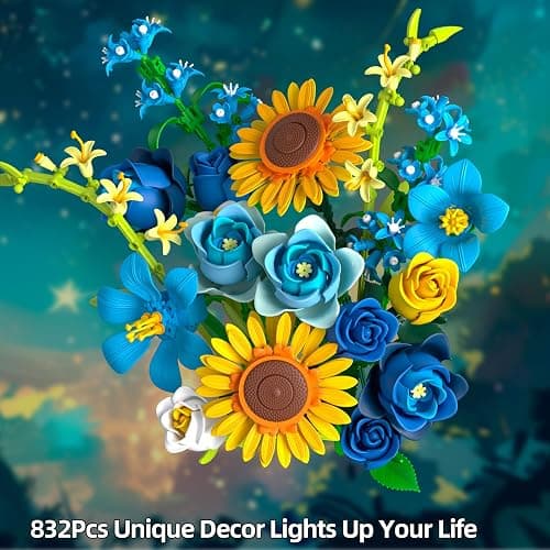 Blue Rose Flowers Valentines Gifts - Bouquet Building Set Compatible with Lego Flowers for Adults Women, Van Gogh's Starry Night and Sunflowers Style, Christmas Mother's Day Home Decor thumbnail 6
