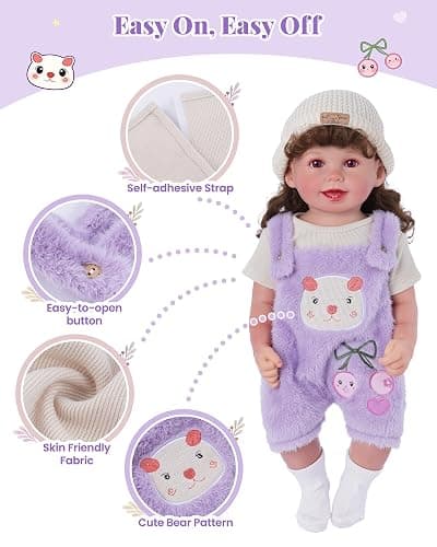 BABESIDE 4-Piece Baby Doll Clothes for 17-20 Inch Dolls, Purple Bear Outfit | Purple Bear Doll Outfit with Striped Top, Overalls, Bear-Ear Hat and Socks for Dress-Up and Pretend Play thumbnail 5