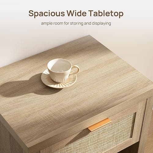 SICOTAS Nightstands Set of 2 Rattan Night Stand with Drawer | Farmhouse Bedside Table with Storage Shelf - Boho End Side Table for Bedroom, Light Oak thumbnail 5