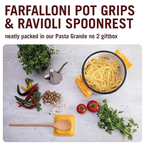 Monkey Business Pasta Shaped Silicone Kitchen Tools in a Gift Box / 2 of Our Big Pasta Shaped Kitchen Gadgets/Farfalloni Shaped Pot Grips, and Ravioli-Shaped Spoon Rest/Pasta Grande No. 2 thumbnail 2