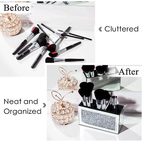 SHYFOY Mirrored Makeup Brush Holder Organizer, 3 Slot Glass Cosmetics Brushes Storage Holders with Crystal Crushed Diamond, Cute Pen and Pencil Holder for Desk, Eyeliners Display Case for Vanity thumbnail 4