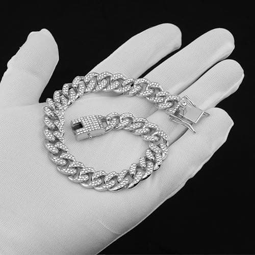 Dog Chain Collar Silver Dog Necklace Diamond Cuban Link Dog Collar 13mm Wide Metal Pet Cat Dog Chain Crystal Collar Jewelry Accessories for Large Medium Small Dogs Cats(Silver,10 Inch) thumbnail 5