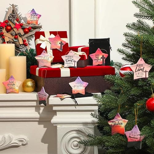 Syhood 24 Pcs Christian Christmas Ornament 12 Styles Bible Verse Christmas Ceramic Ornament Religious Ornaments Star Shaped Hanging Ornaments for Xmas Tree Church Member Gift thumbnail 4