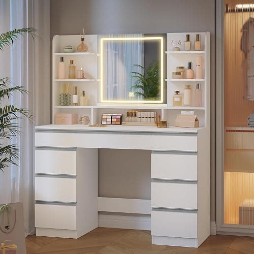 Hzuaneri 9 Drawers Vanity Desk with LED Light, Dressing Table with Large HD Mirror, 9 Open Storage Spaces Makeup Vanity for Bedroom, 3 Colors LED Strip, White DT41903WCA thumbnail 7