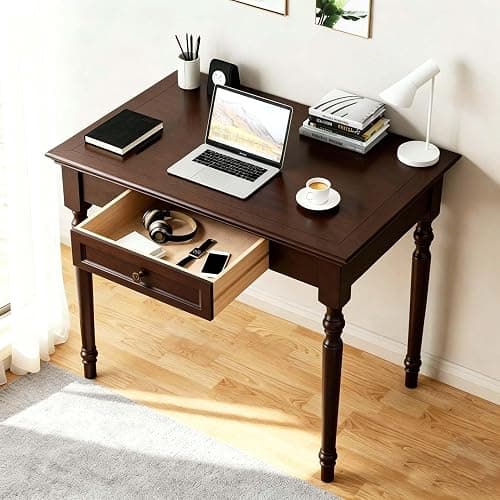 Conabaen Walnut Writing Desks with Drawers, 35" Solid Wood French Country Style Computer Desk for Home Office, Living Room Study or Workspace thumbnail 5