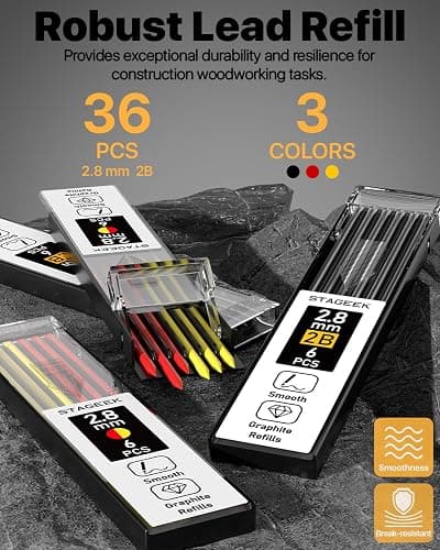 STAGEEK 3PCS Carpenter Pencils with Sharpener, Heavy Duty Woodworking Tools, Mechanical Pencil Set with 39 Refills, Deep Hole Long Nib Marker Pens for Architect Marking with Case (Red, Black, Yellow) thumbnail 5