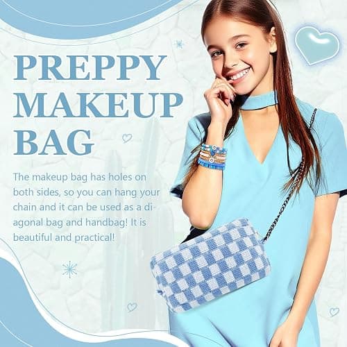 Giesiery 58 Pcs Checkered Makeup Bag Set Preppy Aesthetic Cosmetic Bag Travel Makeup Pouch Toiletry Bag 7 Pcs Heishi Surfer Bracelets with 50 Pcs Cute Stickers for Women Girls Teens Gift thumbnail 4
