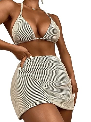 SweatyRocks Women's 3 Piece Zebra Striped Bikini Swimsuit Set & Beach Skirt Set Bathing Suit - X-Small - Khaki - Image 1
