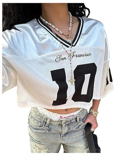 SweatyRocks Women's Number Graphic Jersey Shirts Y2k Crop Jerseys V Neck Oversized Baggy Tops Streetwear thumbnail 5