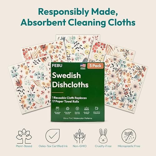 FEBU Swedish Dishcloths for Kitchen | 5 Pack Floral Reusable Paper Towels Washable | Swedish Dish Towels | Non-Scratch Cellulose Sponge Cloths | No Odor, Biodegradable Cleaning Cloths thumbnail 9