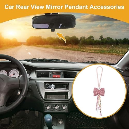 INFINAUTO 1 Pc Rhinestones Diamond Bow Car Rear View Mirror Pendant Accessories Car Hanging Ornament Pink thumbnail 2