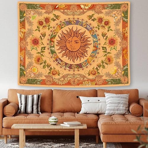 Accnicc Yellow Sun and Moon Tapestry Vintage Indie Boho Tapestry Wall Hanging with Sunflowers Butterfly Moth Constellation Aesthetic Wall Tapestries for Bedroom Dorm Living Room (Orange, 48'' × 36'') thumbnail 3