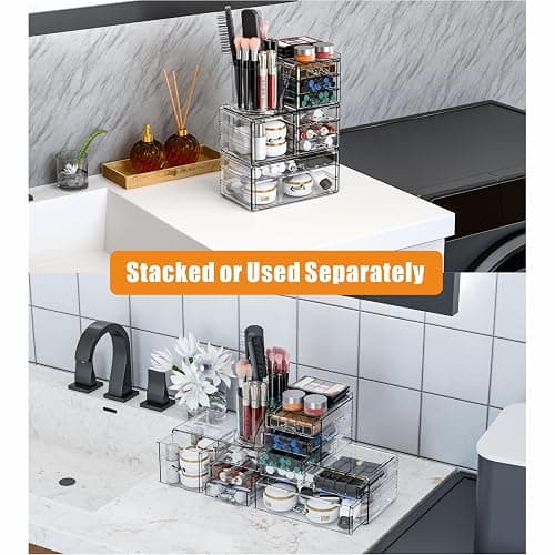 3 Pack Clear Makeup Organizer & Cosmetic Storage Cases for Vanity,Bathroom,Dresser Countertop,Cute Skincare Organizers with Brush Holder & Acrylic Makeup Storage Organizer for Beauty Products,Lipstick - 9 Drawer thumbnail 2