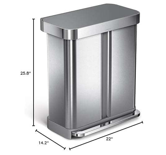 simplehuman 58 Liter / 15.3 Gallon Rectangular Dual Compartment Recycling Step, Brushed Stainless Steel with Soft-Close Plastic Lid Kitchen Trash Can thumbnail 2