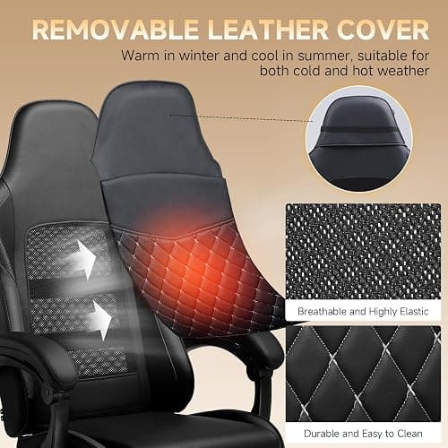 GTPLAYER Gaming Chair, High Back Leather Computer Game Chair with Footrest, Ergonomic Height Adjustable Office Chair with Removable Cover and Lumbar Support for Gaming and Work (Black) thumbnail 4