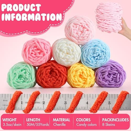 Buryeah 8 Pack Chunky Chenille Yarn for Crocheting Soft Thick Fluffy Yarn for Hand Knitting Bulky Velvet Blanket Plush for Weaving DIY Crafts Each 3.5 oz 55 Yards (Candy Colors) thumbnail 2