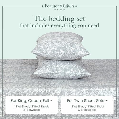 Feather & Stitch 300TC Queen Size 100% Cotton Sateen Weave Printed Sheet Set, Cooling & Breathable Bed Sheets Set, 4 Piece 16" Elastic Deep Pockets, Soft Hotel Quality- Queen, Grey Floral thumbnail 4