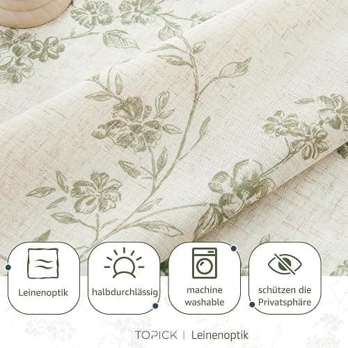 TOPICK Rideaux en lin, 65 x 60 cm avec motif floral, style champêtre, semi-transparent, pour printemps, cuisine, set de 2 pièces, vert sur blanc thumbnail 4