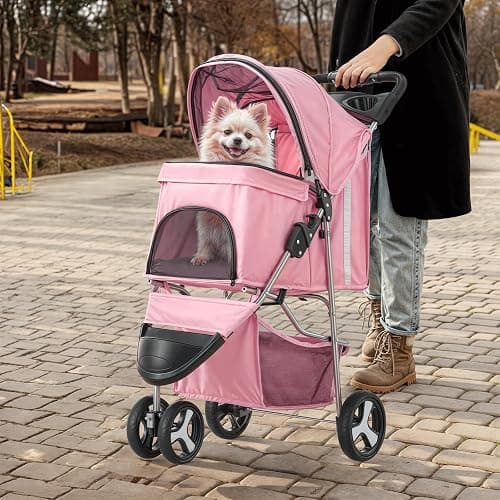 MoNiBloom 3-Wheels Foldable Pet Stroller with Waterproof Cover, Pet Strolling Cart for Small/Medium Dogs and Cats with Storage Basket and Cup Holder, Breathable and Visible Mesh for All-Season, Pink thumbnail 4