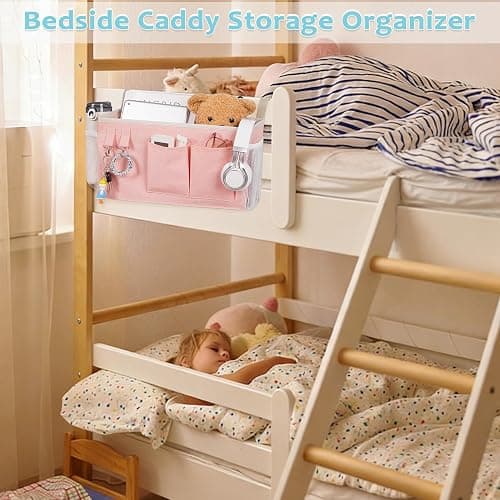Loghot Bedside Caddy/Bedside Storage Bag Hanging Organizer for Bunk and Hospital Beds,Dorm Rooms Bed Rails,Can be Placed Glasses,Books,Mobile Phones,Keys (Light Pink) thumbnail 6