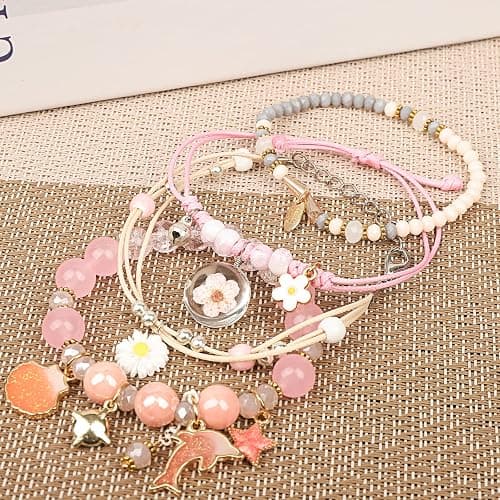 4 Pcs Beaded Cute Bracelets for Teen Girls Women, Dainty Cute Cartoon Crystal Beads Pearl Stretch Charm Handmade Adjustable Anklets Bracelet Set Birthday Gift for Friends thumbnail 2