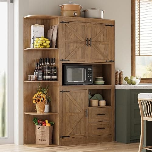 IRONCK 70" Farmhouse Kitchen Pantry, Storage Cabinet with Power Outlets, 4 Side Shelves, Buffet Sideboard with Microwave Stand, Coffee Bar with 2 Drawers, Cupboard for Dining Room (Dark Walnut) thumbnail 2