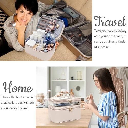 Makeup-Bag,Large Leather Makeup-Organizer for Travel-Accessories Clear-Cosmetic-Bag,Portable Travel Essentials Bag Makeup Case,Make Up Bag Toiletry Bag for Women,College Dorm Room Essentials for Girls - 2-Nude thumbnail 6