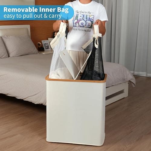 efluky Laundry Hamper with Lid, Double Laundry Hamper with 2 Removable Bags, 2 Section Laundry Basket with Bamboo Handles for Bathroom, Bedroom & Laundry Room, 140L (36.9 Gallon) Beige thumbnail 7