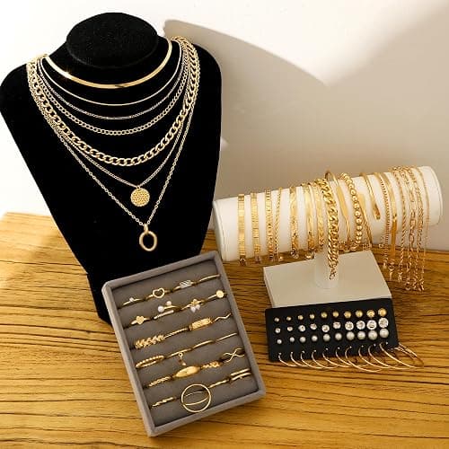FAXHION 68 Pcs Gold Jewelry Set for Women with 7 Necklace, 17 Bracelet, 5 Hoop Earrings, 15 Stud Earrings, 24 Knuckle Rings for Women Jewelry Set for Women thumbnail 6
