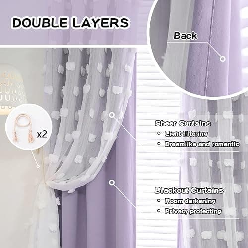 MYSKY HOME Girls Curtains for Bedroom Lilac Curtains 90 Inches Long Nursery Curtains White Pom Pom Sheer Curtains for Dining Room Grommet Double Layer Toddler Room Darkening Window Panels W52 X L90 thumbnail 3