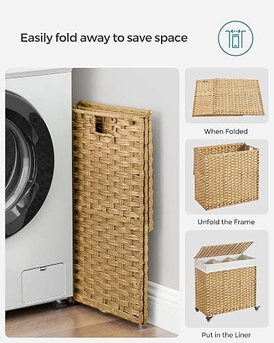 SONGMICS Laundry Hamper with Lid, 37 Gallons (140 L), Rolling Laundry Basket with Wheels, 3-Section Synthetic Rattan, Removable Liner, Bedroom, 26 x 13 x 26 Inches, Natural ULCB363N01 thumbnail 9