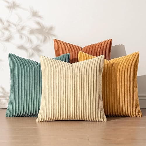EMEMA Teal Orange Decorative Throw Pillow Covers for Couch Bed Livingroom 18x18 Inch Set of 4 Boho Farmhouse Corduroy Striped Square Pillow Case,Western Modern Cushion Covers Spring Home Decor thumbnail 7