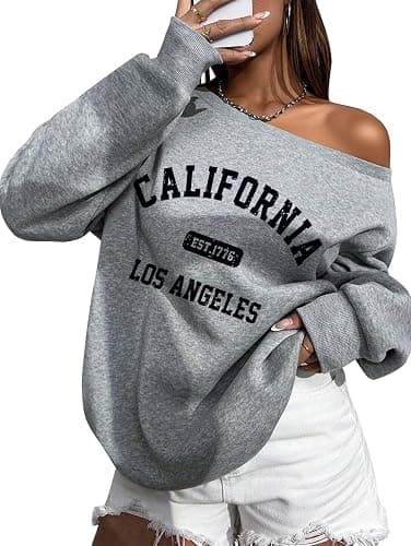 SOFIA'S CHOICE Women's Off Shoulder Sweatshirt Letter Graphic Oversized Long Sleeve Shirt Pullover - Image 1