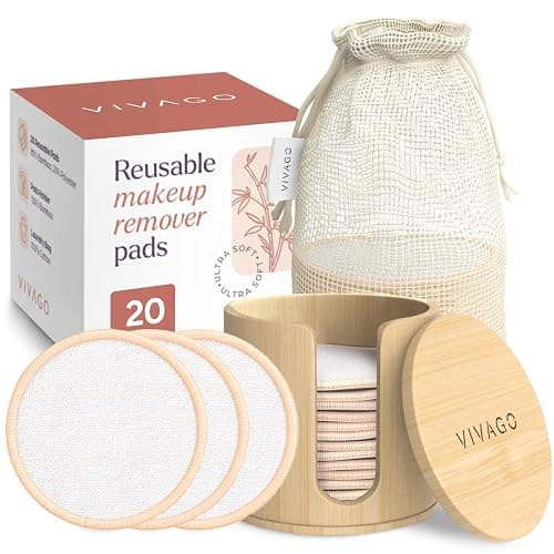 VIVAGO Reusable Cotton Rounds for Face - (20 Pack) Soft Reusable Makeup Remover Pads with Washable Drawstring Laundry Bag & Bamboo Holder - All Skin Type Skincare Set Facial Cleaning Cloth - Image 1