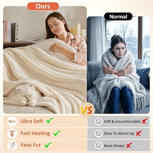 BEARKISS Electric Heated Blanket,50"x60" Heating Throw Flannel Cream | ETL Certified 9 Setting Electric Heated Throw Blanket,Machine Washable Auto Off for couch Bed Office, Gifts for Women Grandpa thumbnail 2