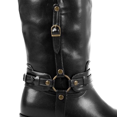Elbslutt Mid Calf Boots For Women Chunky Low Heel Riding Booties Motorcycle Biker Round Toe Wide Calf Fashion Buckle Western Booties Trendy Stylish Shoes Boots thumbnail 4