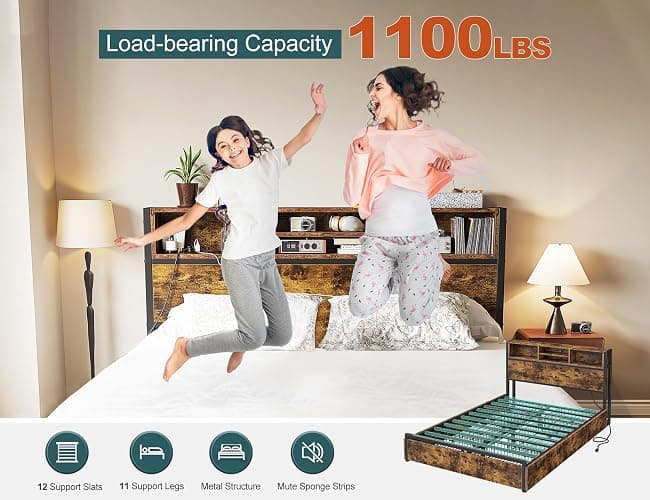 EnHomee Full Bed Frame with 6 Storage Drawers, Charge Station,Noise-Free | 2-Tier Shelves Headboard,1100 lbs Capacity,No Box Spring Needed, Easy Assembly for Bedroom,Vintage Brown thumbnail 8