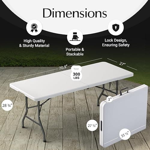 6 Feet Foldable Table with Built in Handle & Steel Legs | 6FT Heavy Duty Folding Portable | Perfect for Party, Dining, Wedding, Events, Picnic Indoor, Outdoor, Camping, Utility, Folding - 6 Foot thumbnail 3