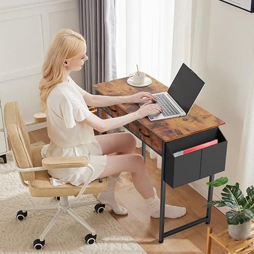 DUMOS 32" Home Office Computer Desk with Drawers, Small Gaming Writing Study Table with Storage Side Bag, Headphone Hook and Adjustable Feet for Bedroom Rustic Brown thumbnail 2