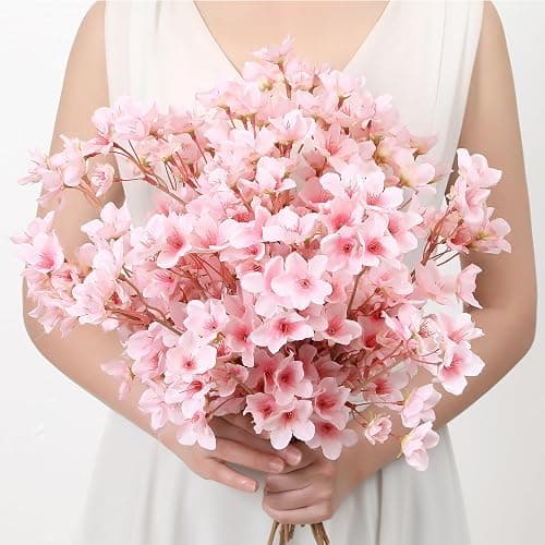 SITUMEIZI 6Pcs Artificial Cherry Blossom Branches Decor Fake Flowers Silk Spring Faux Flowers 16" Peach Bouquet for Home Wedding Bedroom Japanese Decoration DIY Table Centerpiece Arrangement(Pink) thumbnail 4