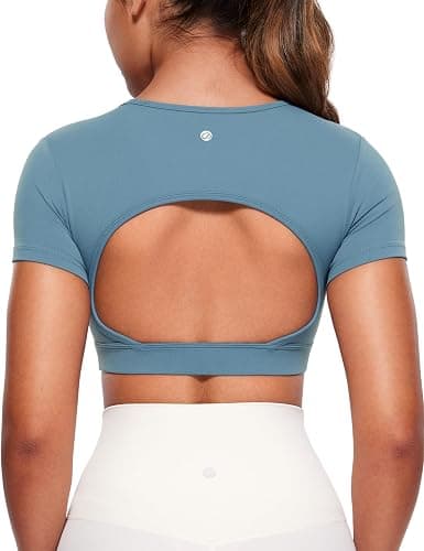 CRZ YOGA Womens Butterluxe Double Lined Open Back Crop Tops Backless Short Sleeve Workout Top Casual Going Out Tight T-Shirts - Image 1