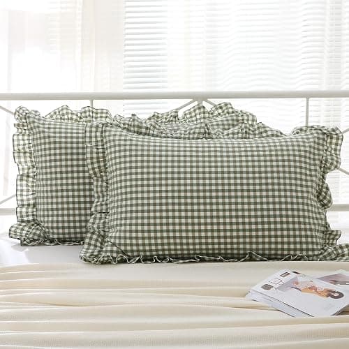 K MASANIJI 2 Pack Sage Green White Plaid Ruffle Pillow Shams Standard Size, 100% Washed Cotton Gingham Checkered Farmhouse Pillowcases for Bed/Sofa - 20"x26" - Image 1