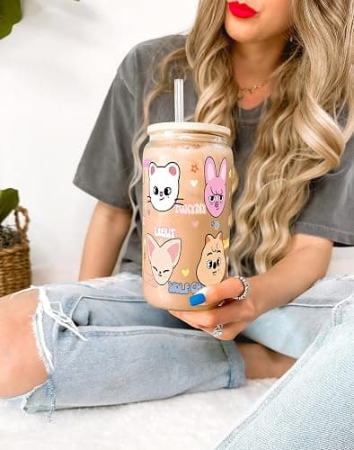Sip-Sip Hooray! Skzoo Kpop Glass Tumbler with Lid and Straw, 16oz Iced Coffee Cup, Stray Kids Merch, Reusable Glass Cup, Cute Soda Can Lids with Straw, Gift for Fans and Teens thumbnail 2