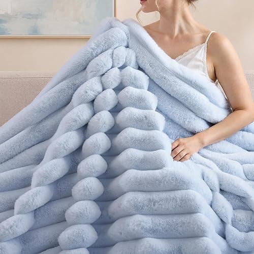 Smoofy Light Blue Fluffy Faux Rabbit Fur Striped Blanket 60"x80", 870GSM | Super Soft & Cozy Comfort Blanket, Luxury Fuzzy Fleece Throw, Perfect Home Decor For Sofa & Couch, Great Gift for Women - Image 1