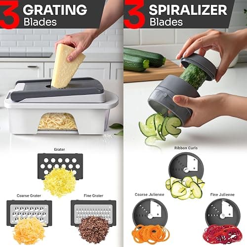Mueller Pro-Series All-in-One, 12 Blade Mandoline Slicer for Kitchen, Food Chopper, Vegetable Slicer and Spiralizer, Cutter, Dicer, Grater, Kitchen Gadgets Sets with Container, White Sand/Gray thumbnail 5