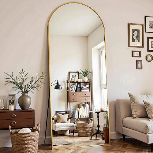 Furnbar Full Length Mirror, 64"x21" Arched Full Body Mirror, Floor Mirrors with Stand, Standing Hanging Leaning Against Wall,Aluminum Frame Mirrors for Bedroom Cloakroom,Living Room,Gold - Image 1