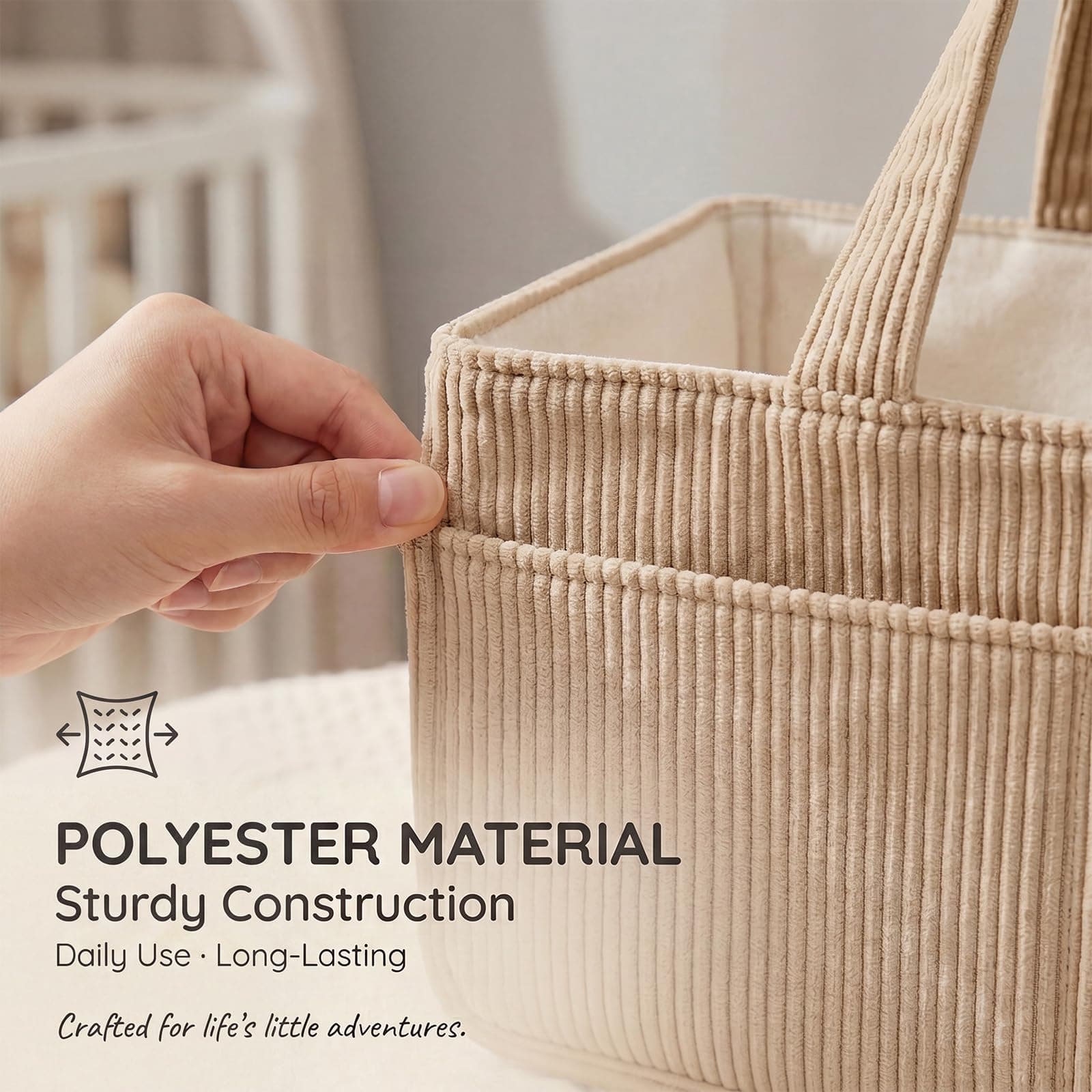 Baby Nappy Caddy Organiser Stylish Corduroy Nursery Storage Basket with Handle for Newborn Essentials, Baby Shower and Diaper Station Sand (Light brown, 1Pc) thumbnail 5