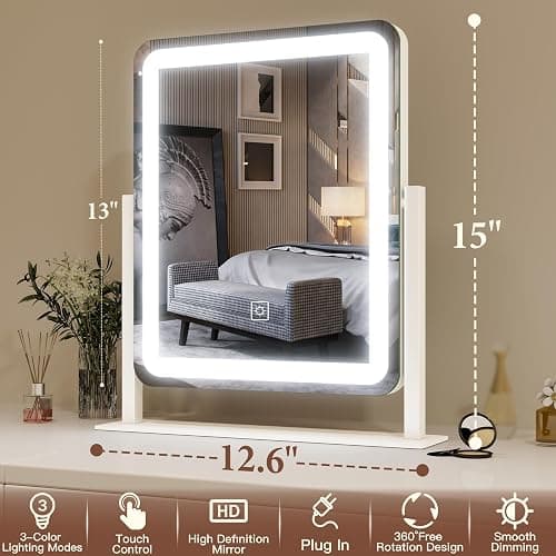 FENNIO Vanity Mirror with Lights - 15"x12.6" LED Lighted Makeup Mirror, Large Makeup Mirror with Lights, Touch Screen with 3-Color Lighting, Dimmable, for Vanity Desk Tabletop, Bedroom thumbnail 2